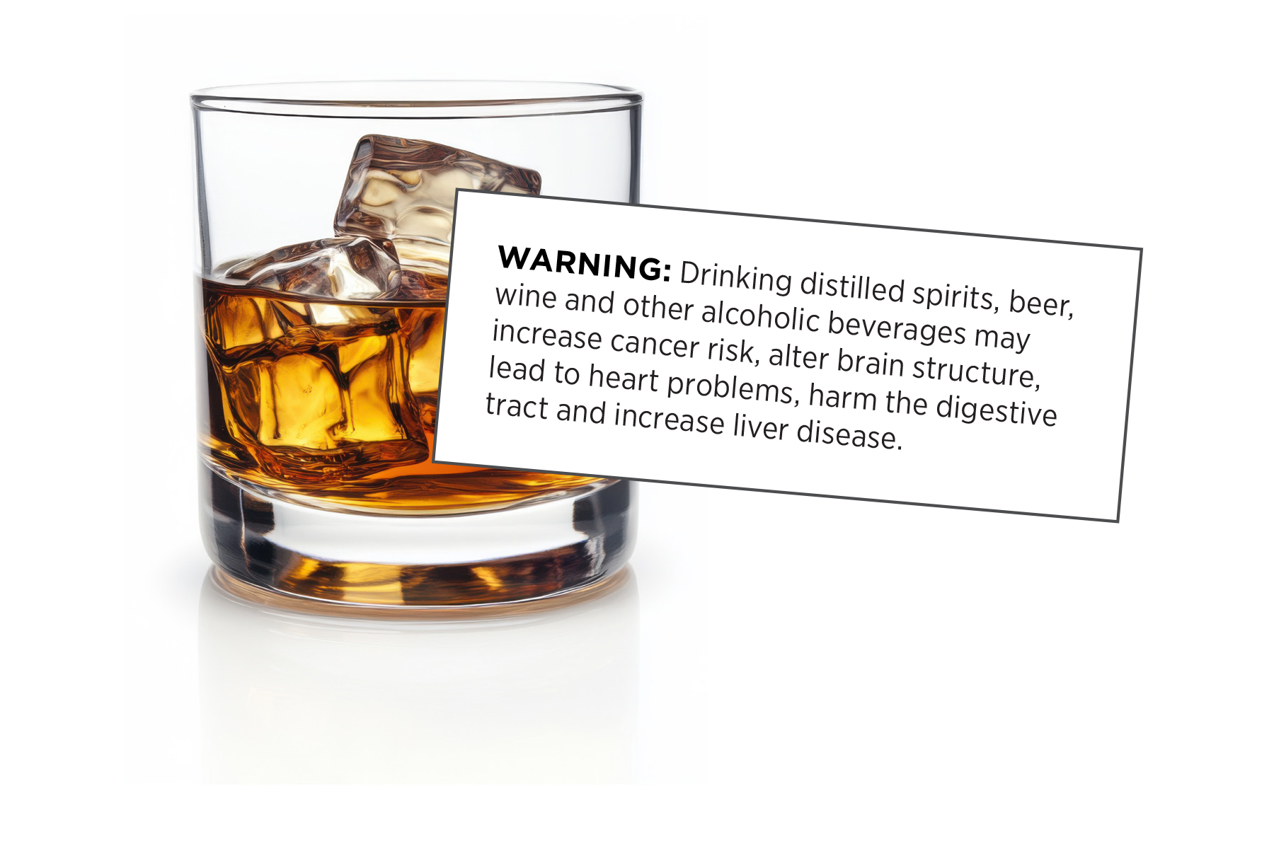 A warning label over a drink describing altered brain structure, heart problems, and cancer risks associated with drinking alcohol.