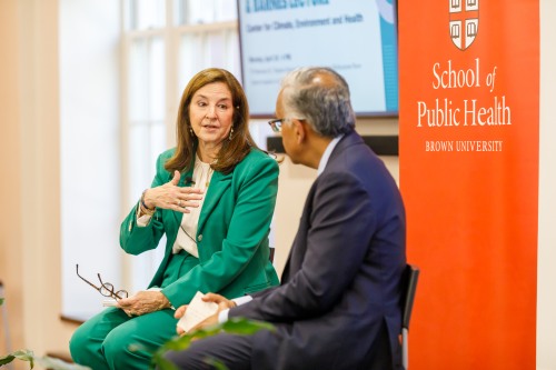 Monica Medina and Dean Ashish Jha speaking at lecture