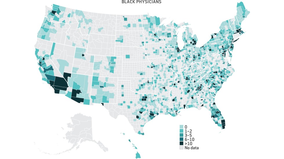 map of black physicians in the United States by county