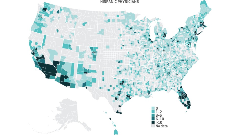 map of hispanic physicians in the United States by county