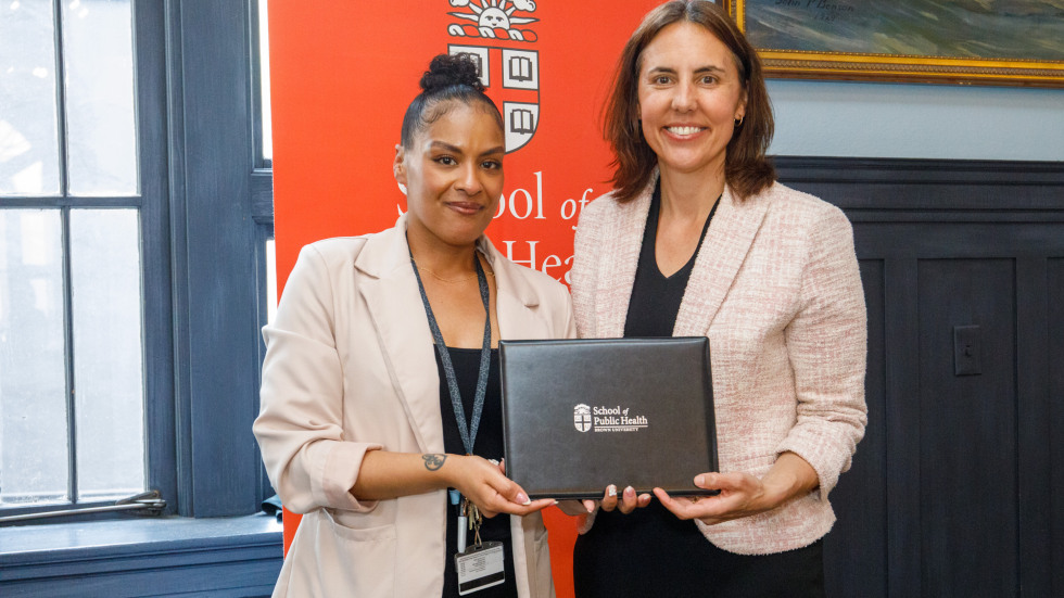 Dean Francesca Beaudoin poses with Dean's Staff Awardee Wendy Hernandez